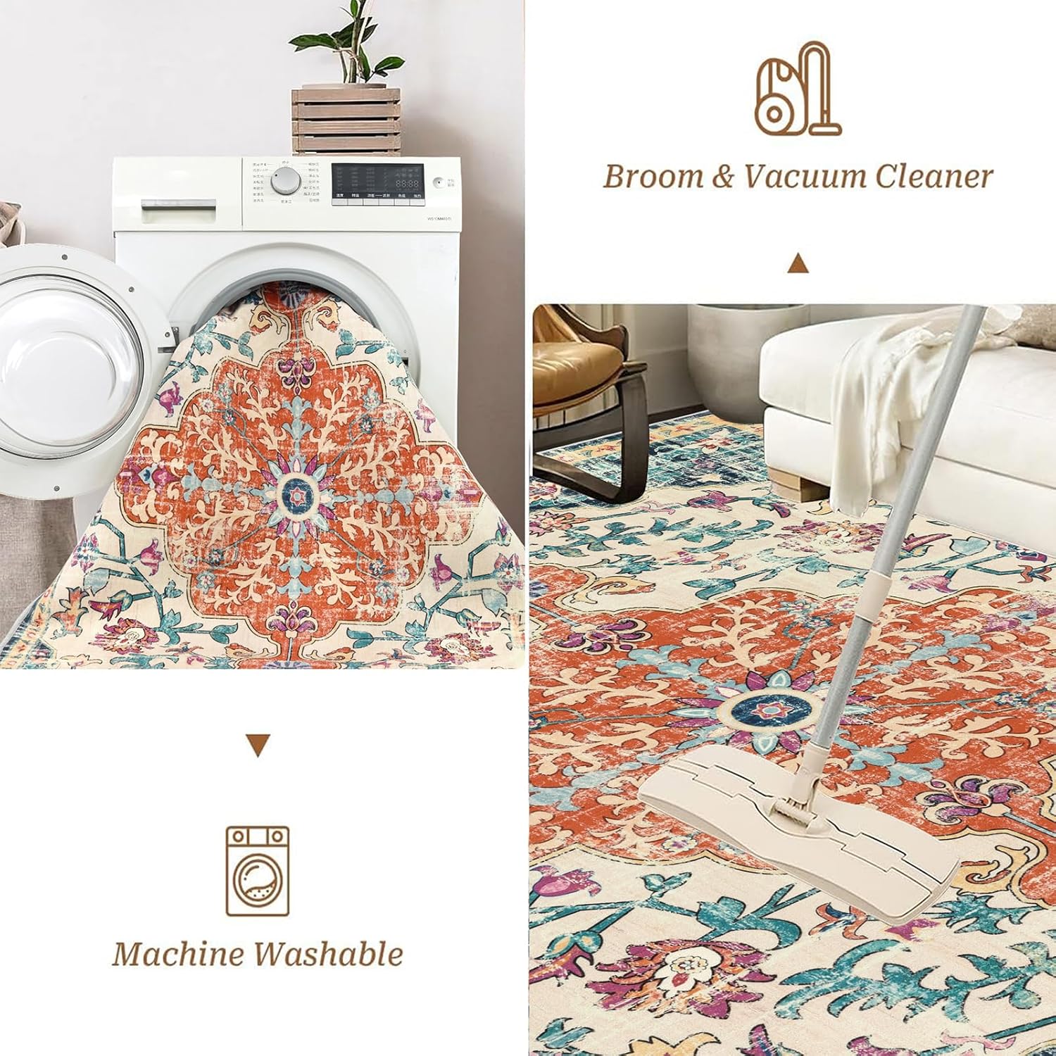 Pauwer Area Rugs 8x10 Clearance, Large Area Rug for Living Room, Machine Washable Area Rugs for Bedroom, Boho Farmhouse Vintage Floral Rugs, Non Slip Low Pile Accent Rug Floor Mat Carpet