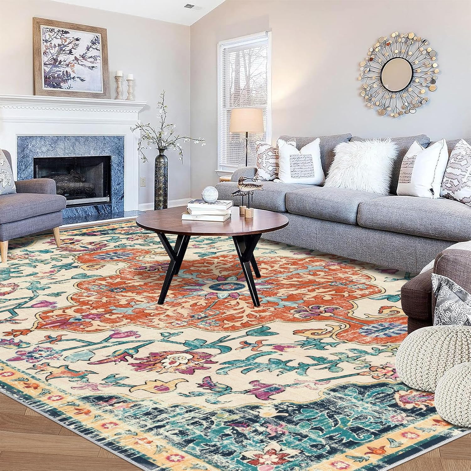Pauwer Area Rugs 8x10 Clearance, Large Area Rug for Living Room, Machine Washable Area Rugs for Bedroom, Boho Farmhouse Vintage Floral Rugs, Non Slip Low Pile Accent Rug Floor Mat Carpet