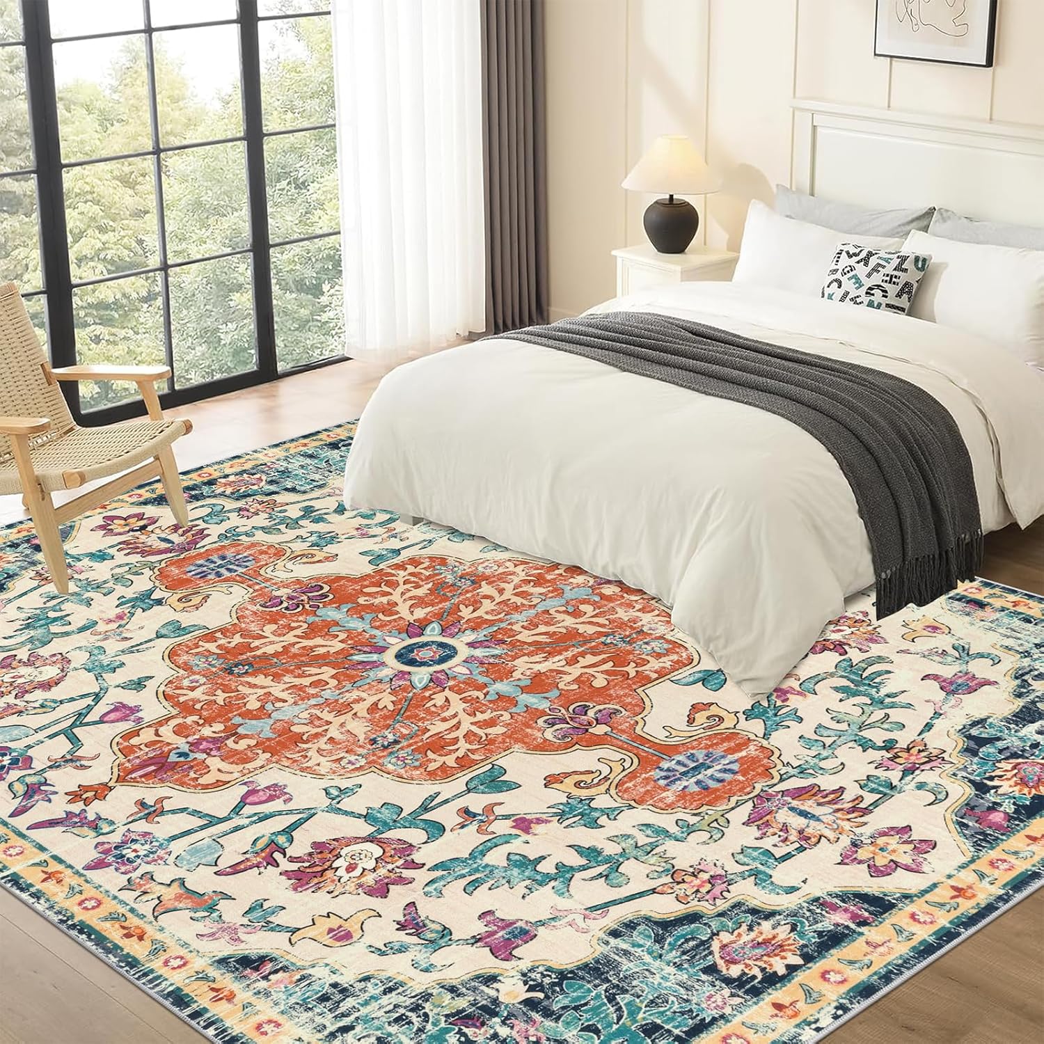 Pauwer Area Rugs 8x10 Clearance, Large Area Rug for Living Room, Machine Washable Area Rugs for Bedroom, Boho Farmhouse Vintage Floral Rugs, Non Slip Low Pile Accent Rug Floor Mat Carpet