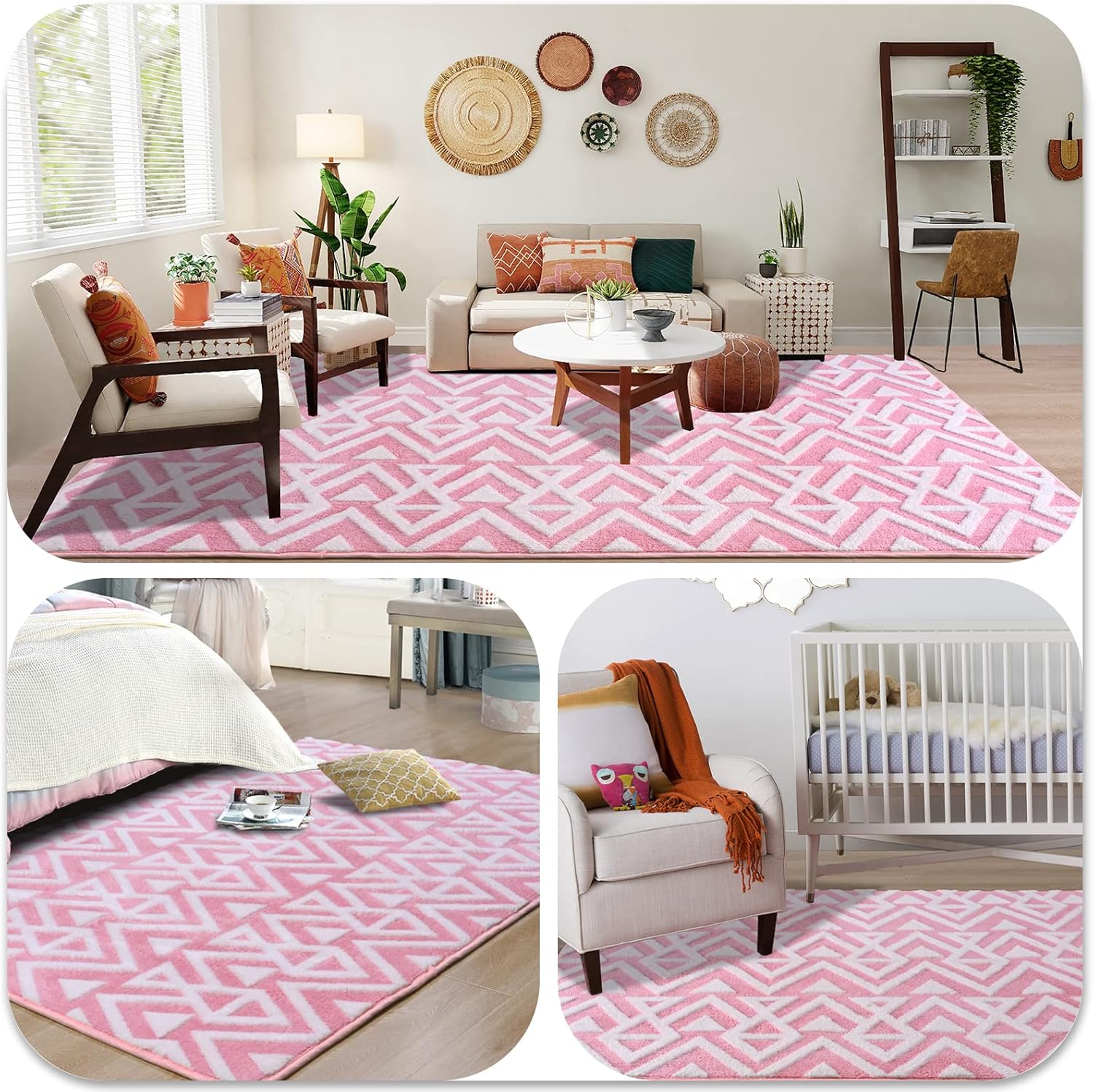 Ompaa Ultra Soft Shaggy Rugs Memory Foam Bedroom Carpet, Pink 4 x 6 Feet, Plush Geometric Textured Area Rugs for Living Room Couch Dorm Bedside Kids Girls Teens Room Nursery Decor Floor Mat