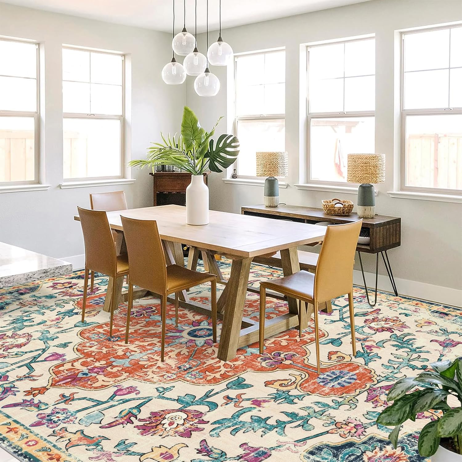 Pauwer Area Rugs 8x10 Clearance, Large Area Rug for Living Room, Machine Washable Area Rugs for Bedroom, Boho Farmhouse Vintage Floral Rugs, Non Slip Low Pile Accent Rug Floor Mat Carpet