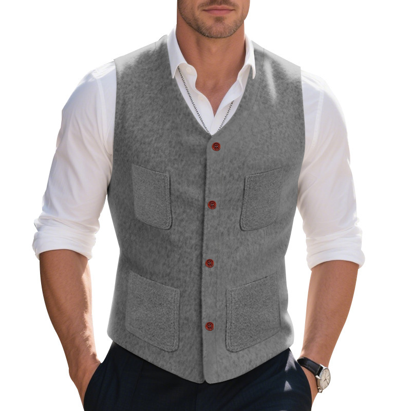 Rugged Heritage Tweed Vest - Versatile Four-Pocket Grey Casual Waistcoat
