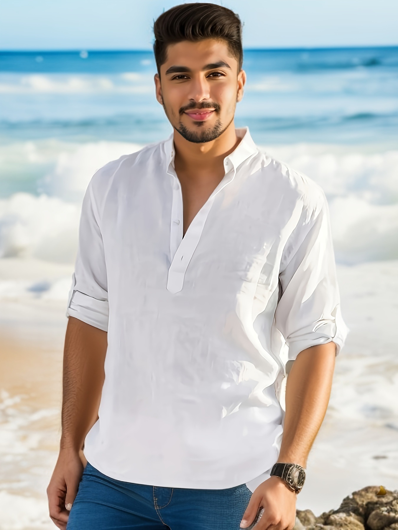 Men's Coastal Breezy Linen-Look Shirt &ndash; Classic White Summer Beach Top